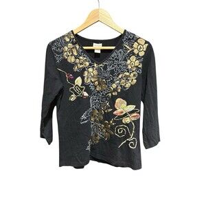 Vintage Tantrums Top 90s Y2K 3/4 Sleeves Black Mixed Print V Neck Metallic MEd